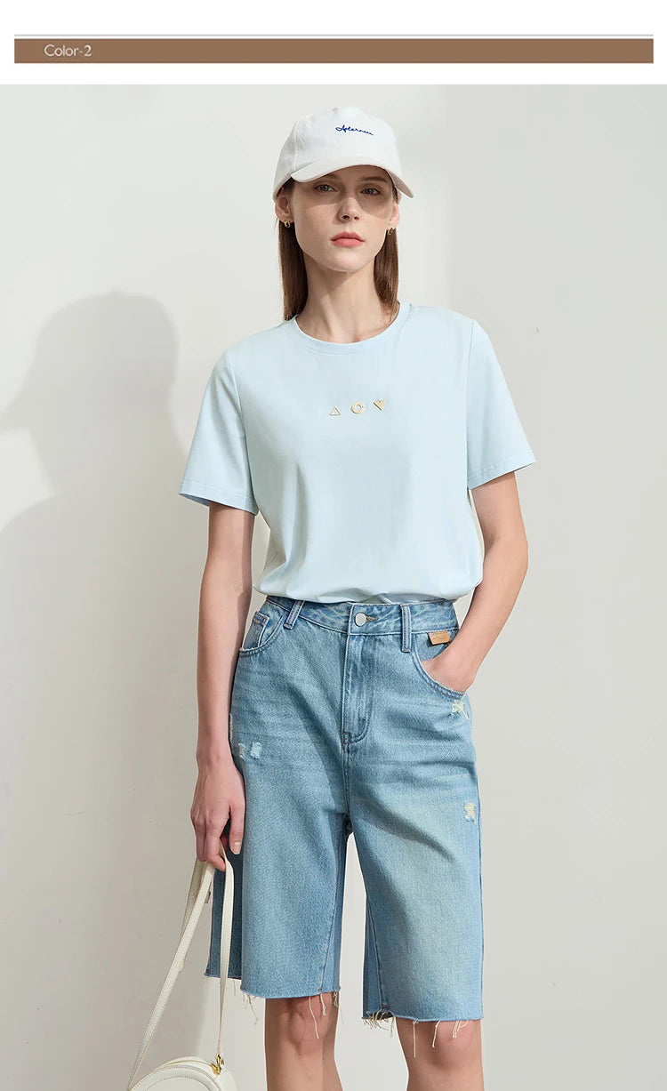 Amii Minimalist T-shirt Women's Tops O-neck Short Sleeves Geometric Decoration Antibacterial Cotton Elastic Casual Tees 12521088