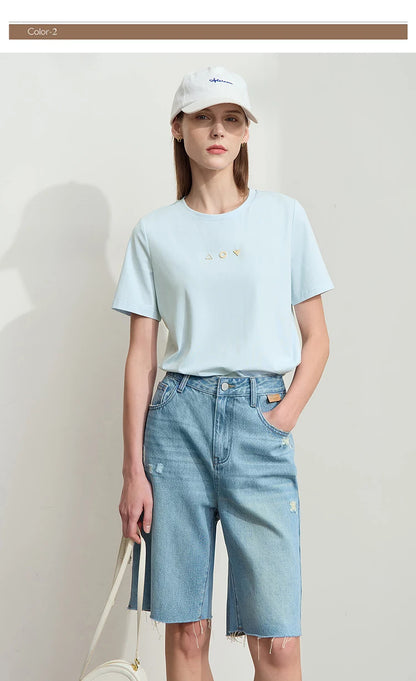 Amii Minimalist T-shirt Women's Tops O-neck Short Sleeves Geometric Decoration Antibacterial Cotton Elastic Casual Tees 12521088