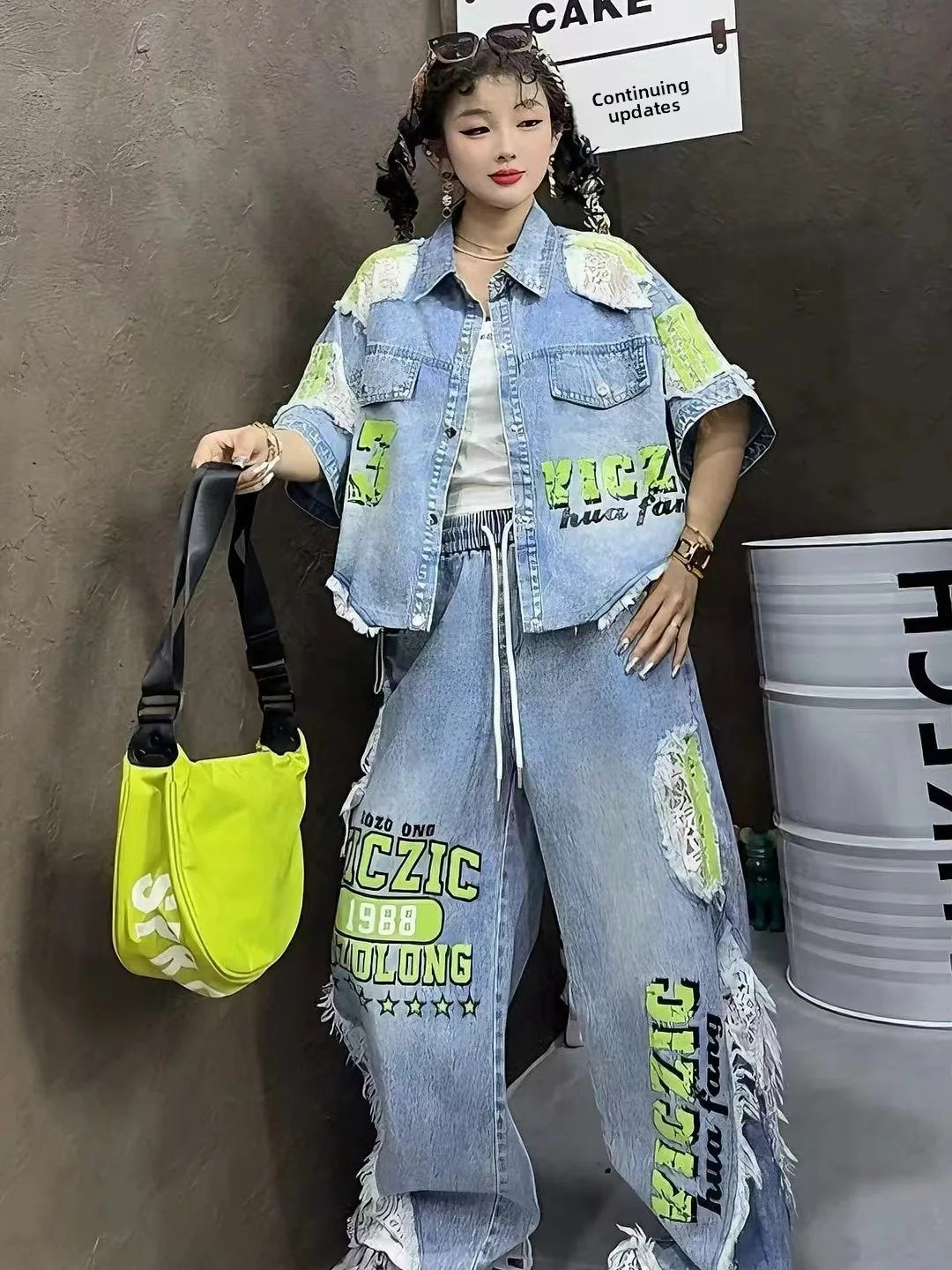 Casual Lace Hollow out Patchwork Summer New Women's Outfit Loose Top with Digital Letter Print Matching Long Pants