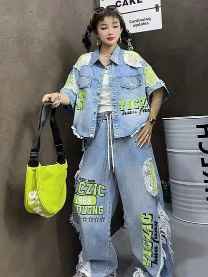 Casual Lace Hollow out Patchwork Summer New Women's Outfit Loose Top with Digital Letter Print Matching Long Pants