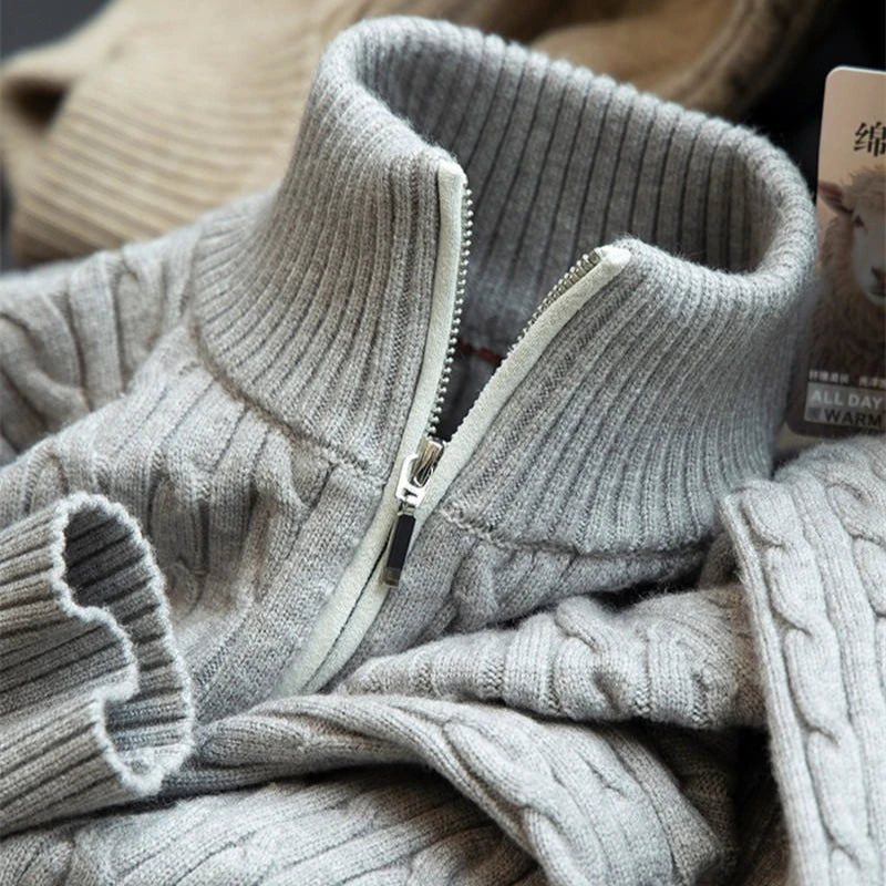 Men's Wool Quarter-Zip Sweater, All Day Warm Cable Knit, Old Money Style for Smart Casual, Gray and Beige Colors Available