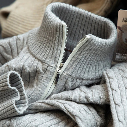 Men's Wool Quarter-Zip Sweater, All Day Warm Cable Knit, Old Money Style for Smart Casual, Gray and Beige Colors Available