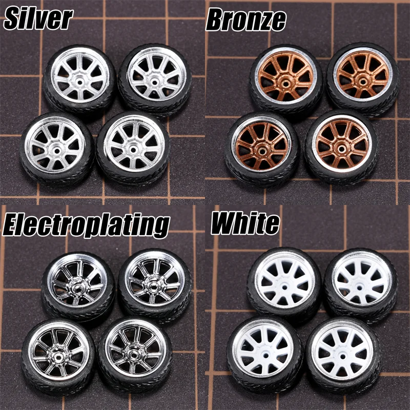 1/64 Model Car Wheels 4 Sets-11mm Diameter ABS Rubber Tires with Brake Disc-Upgrade Parts for Tomica Hot Wheels Diecast Vehicles