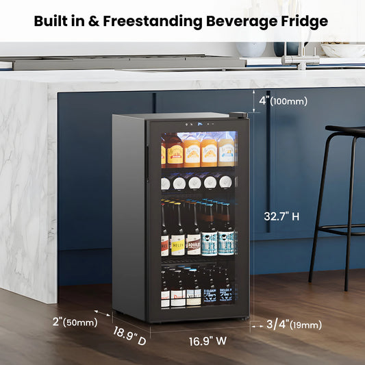 95-Can Glass Door Mini Fridge Cooler Beverage Refrigerator for Wine, Soda, and Home Bar Use