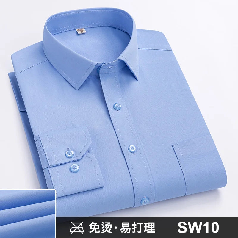 Men's Formal Shirt Long Sleeve S~8XL Oversized Office Solid Color Striped Anti-wrinkle Non-ironing Fashion Business White Shirts