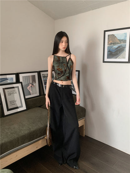 CHEERART Flocking Floral Vintage Crop Cami Top For Women Sleeveless Flower Green Tops Designer Clothes Luxury