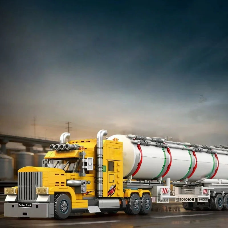 New heavy-duty truck building block sets in various styles, including containers, tank trucks, cranes, and RV vehicle constructi
