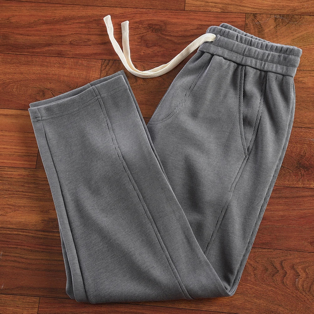 Autumn New American Retro Thick Solid Color Knitted Sweatpants Men's Simple Elastic Waist Drawstring Sport Casual Loose Pants