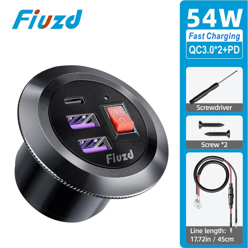 Car Charger Socket PD3.0 & QC3.0 Double USB C Ports with LED Switch 54W Fast Charging 12V/24V For Moto Adapter
