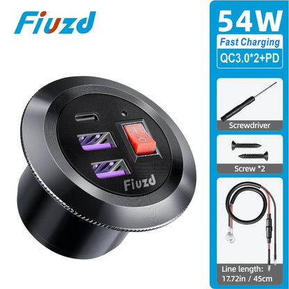 Car Charger Socket PD3.0 & QC3.0 Double USB C Ports with LED Switch 54W Fast Charging 12V/24V For Moto Adapter