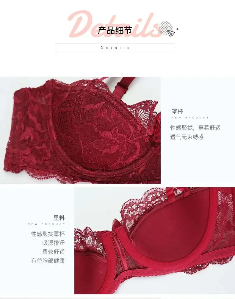 Sexy French Lace Push Up Bra Set for Small Chest, Anti Sagging Half Cup Demi Bra & Panty Lingerie Set, Sheer Adjustable Straps