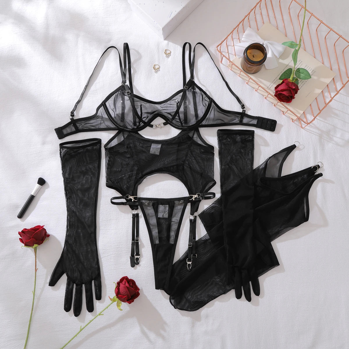Ellolace Solid Women's Lingerie Sets Seductive See Through Bra Belt Thong 3PC with glovs stockings Sissy Sexy Women's Underwear