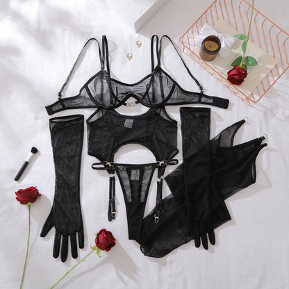 Ellolace Solid Women's Lingerie Sets Seductive See Through Bra Belt Thong 3PC with glovs stockings Sissy Sexy Women's Underwear