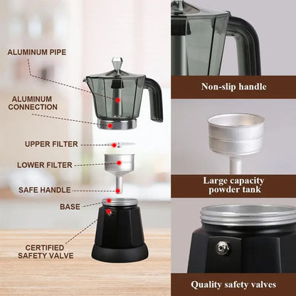 480W Electric Coffee Maker 300ml/6 Cups Home Aluminum Mocha Pot Portable Electric Italian Coffee Maker Percolator for Home Black
