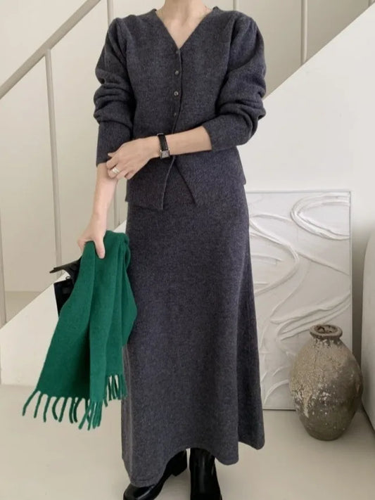 Autumn Winter V-Neck Single Button Knitted Cardigan Women's High Waist Wrap Body Skirt Korean Style Fashion Set High Quality