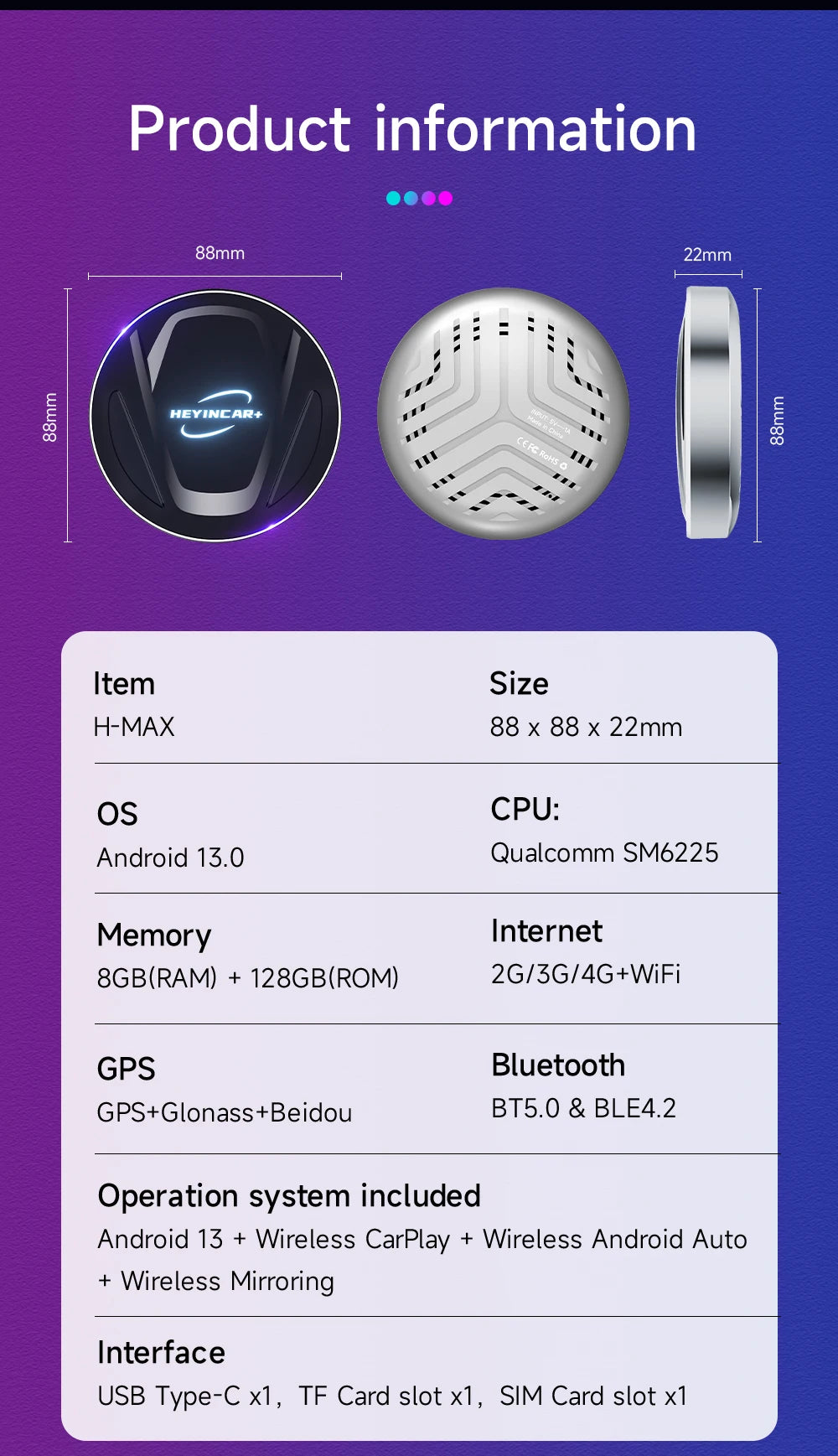 Android 13 HEYINCAR CarPlay AI Box Qualcomm SM6225 Wireless CarPlay Android Auto Smart TV Box For Netflix YouTube 4+64G 8+128G