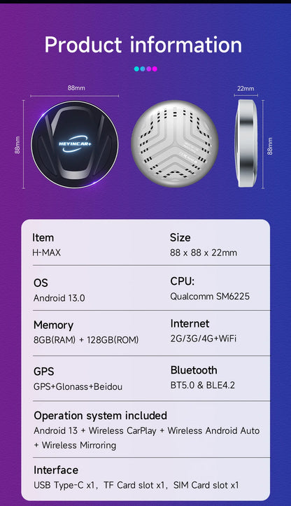 Android 13 HEYINCAR CarPlay AI Box Qualcomm SM6225 Wireless CarPlay Android Auto Smart TV Box For Netflix YouTube 4+64G 8+128G