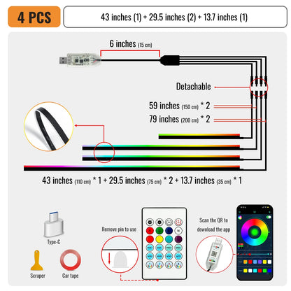 Universal 43-inch RGB Car Interior Lighting Kit with App Control - 64 Colors & 8 Dynamic Modes