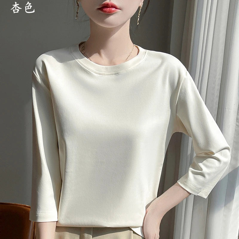 Summer Cotton Short-Sleeved T-Shirt Women's Round Neck Seven-Point Sleeves Loose Mercerized Cotton Half-Sleeve Shirt New T-shirt