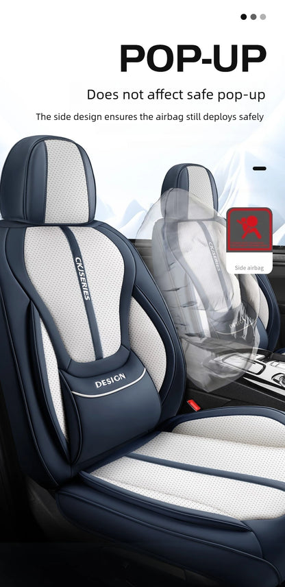 Premium PU Leather Auto Seat Covers Set with Built-in Lumbar Support +2 Headrest Covers +1 Steering Wheel Cover Comfortable