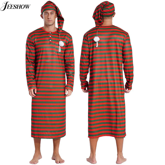 Mens Striped Long Sleeve Nightshirts Sleepwear Round Neck Loose Pajamas Robe Sleepshirt with Night Cap Christmas Loungewear