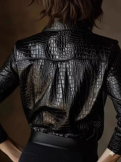 Elegant Long Sleeve PU Leather Shirt Women's Black Button up Snake Skin Pattern Fashionable Top for Autumn Winter