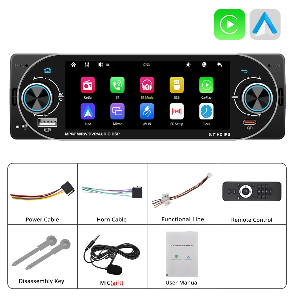 5.1Inch 1Din Car Radio MP5 IPS HD Player Support Wireless Carplay Android Auto Bluetooth FM AM RDS Stereo USB WIFI Video Player
