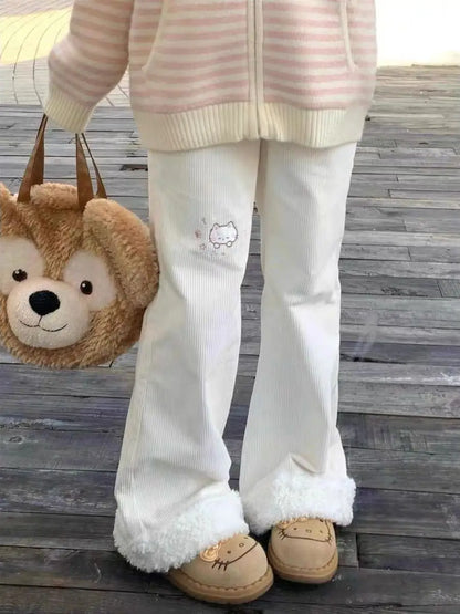 Corduroy  Embroidery Lamb Fur Patchwork Loose Micro Flare Autumn Winter Fleece Lined Slimming Cute Wide Leg Pants Women