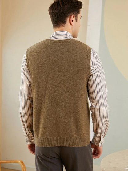 100% pure cashmere sweater men's vest vest V-neck autumn and winter knit loose twisted flower sleeveless thick sweater vest