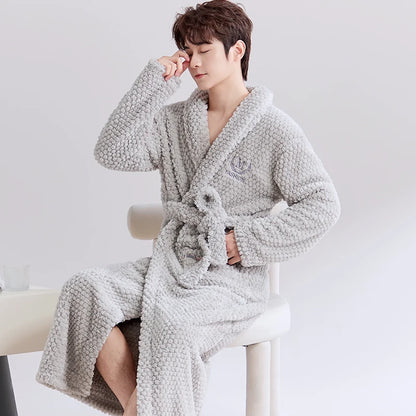 Thiened Coral Fce Robe Long Plu Spwear for Couples Autumn Winter Sle Home Clothes Outerwear Polyester Fiber