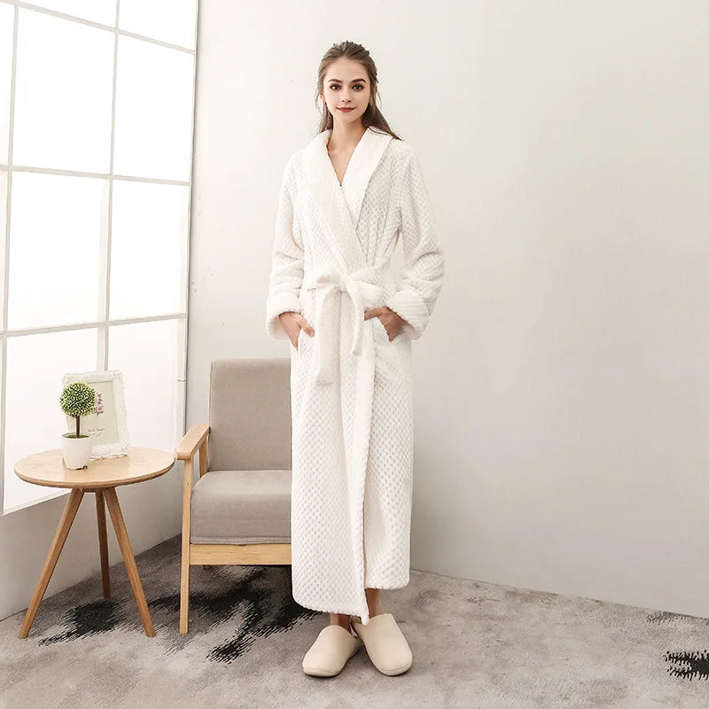 2026 Thickened Sherpa Couple Robe Long White Winter Sleepwear Belted Bathrobe
