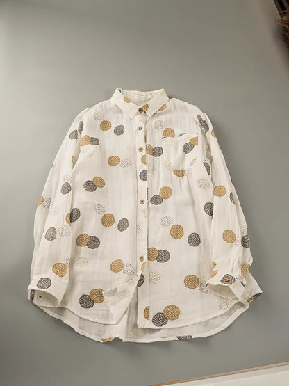 Japan style unique design polka dot print shirts and blouses for women autumn cotton yarn loose thicken long sleeve tops