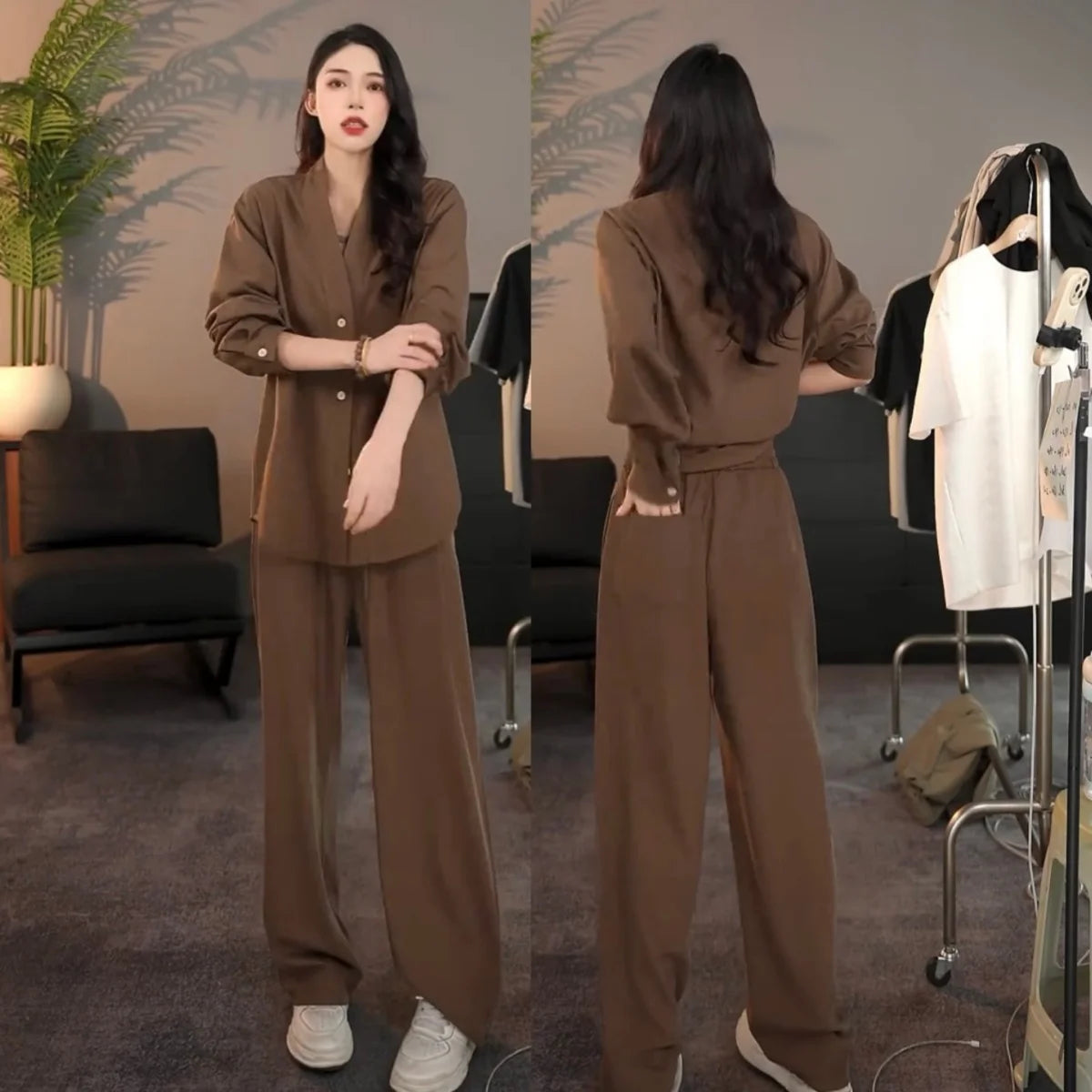 Casual Linen Silk Men Women Set Spring Summer Fashion Straight Leg Pants Long Sleeve Shirt Outerwear Two Piece Set Couple Out...
