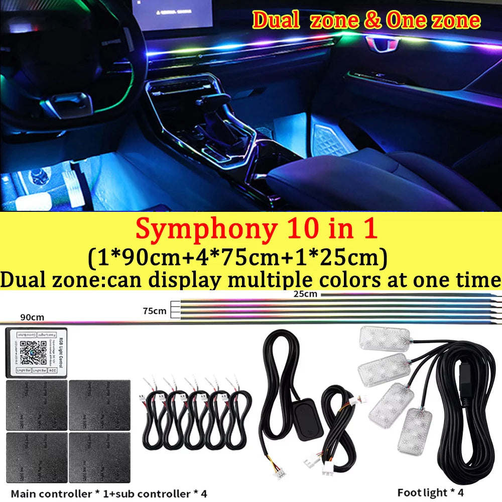 10/14/18/22 in 1 Dual Zone Hidden Acrylic RGB 64/213 Color Symphony Streamer Auto Interior Car Ambient Light Kit APP Control 12V