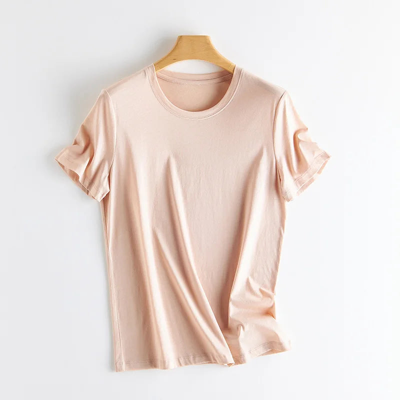 Summer Short Sleeve T-Shirt Women Tee Shirts Real Silk Linen Cotton T Shirt Women's Casual Tees V-neck Woman Tshirt Solid Tops