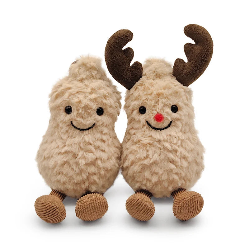 17cm Christmas Peanut & Reindeer Plush Toys Fuzzy Stuffed Animals with Antlers Red Nose Scarf Soft Doll for Kids Gift Home Decor