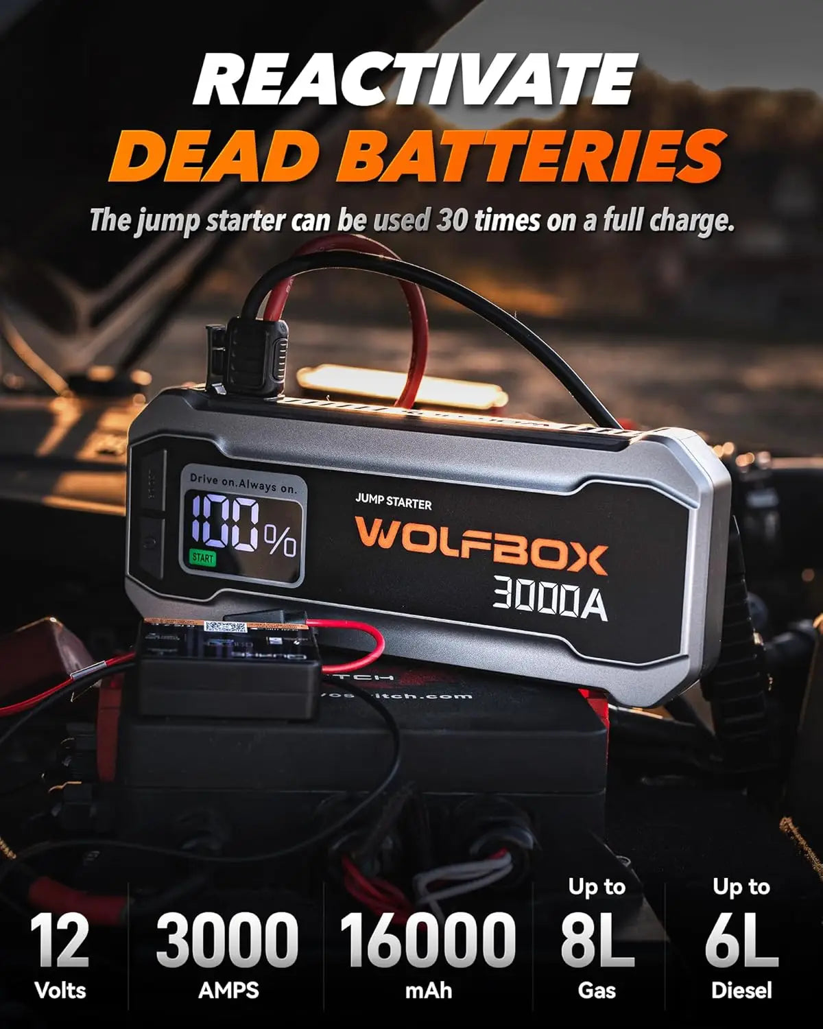 WOLFBOX 3000A Jump Starter,12V Car Battery Jump Starter,65W Quick Charge 16000mAh for 8L Gas 6L Diesel Engine with Booster