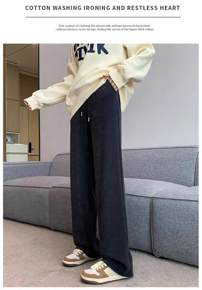 plus Size Women's Casual High Waist Thin Wide Leg Pants Spring Autumn Straight Cut Long Trousers Comfortable Slimming Effect