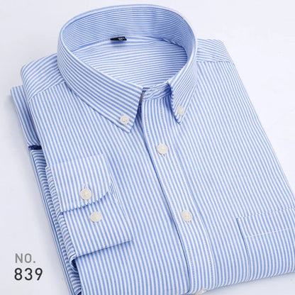 Mens Striped Plaid Oxford Spinning Casual Long Sleeve Shirt Comfortable Breathable Collar Button Design Slim Male Business Dress