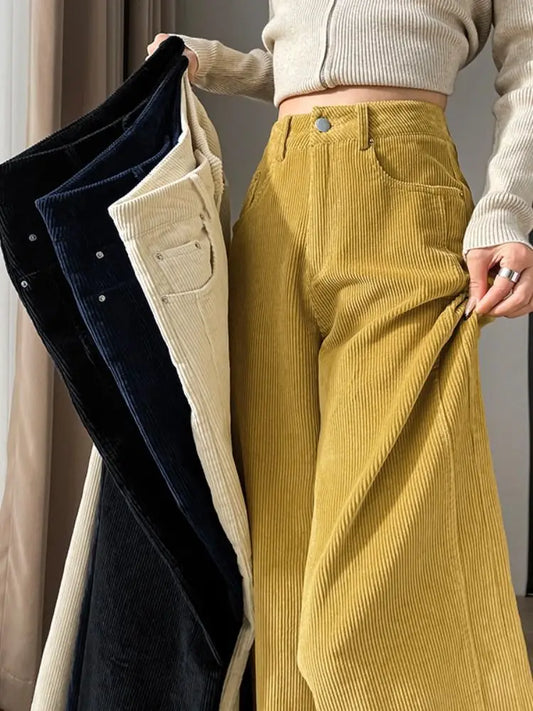 Outlet Vintage Corduroy Wide Leg Pants Women Loose Drape Thick Casual Floor-Length Trousers High Waist Pocket Autumn Winter