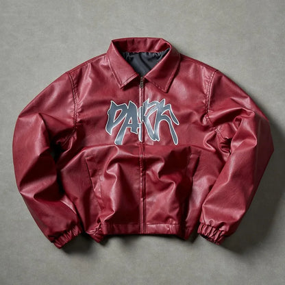 Men's High Street Faux Leather Jacket Retro Windproof Warm Coat Men Letter Print Lapel Collar Motorcycle Street Style Outerwear