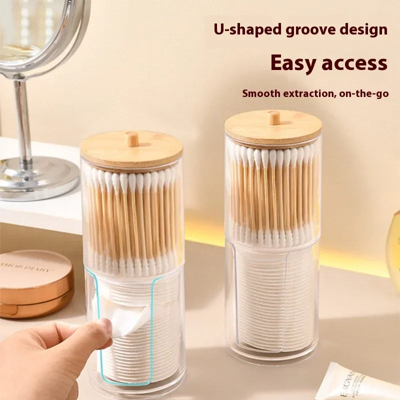 1pcs Cotton Swab Storage Box Acrylic Jar Makeup Organizer, Cotton Round Pad Holder, Q-tip Dispenser with Bamboo Lid