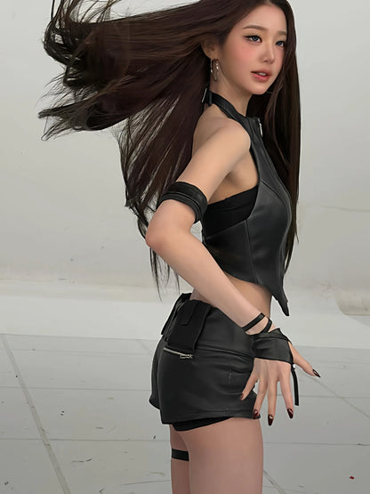 New Kpop Female Group Stage Costume Cool Spicy Black PU Hanging Neck Vest Wide Shorts Sexy Girl Performance Outfit Women