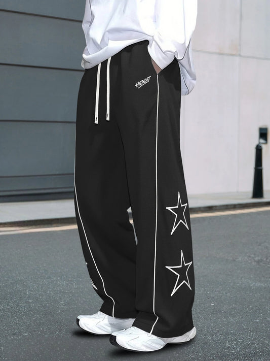 Men's Autumn Trendy Brand Five-Pointed Star Sweatpants, Loose Straight-Leg Casual Pants, Single Piece, with Drawstring Waistband and Contrasting Lines, Suitable for Street Fashion, Sports, Fitness, and Daily Commuting