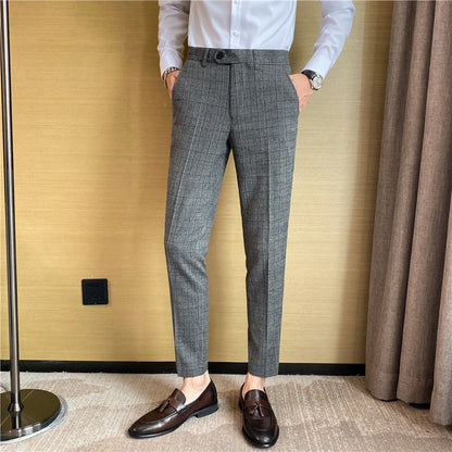 【 High Quality 】 Light Mature Style Spring and Autumn Checked Fashion Long Pants for Men, Trendy Business Casual Little Dress Pa
