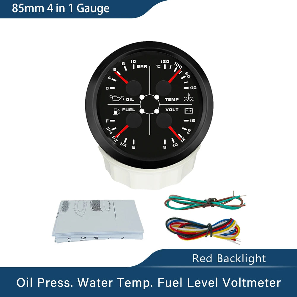 ELING Waterproof 85mm 4 in 1 Gauge Oil Pressure Water Temp Fuel Level Voltmeter with Light Alarm for Car Boat Yacht
