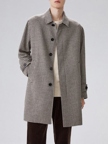 Retro Bird Pattern Woolen Coat Men's Mid-Length Turn-down Collar Classic Style Outerwear Fashionable Urban Youth Winter Jacket
