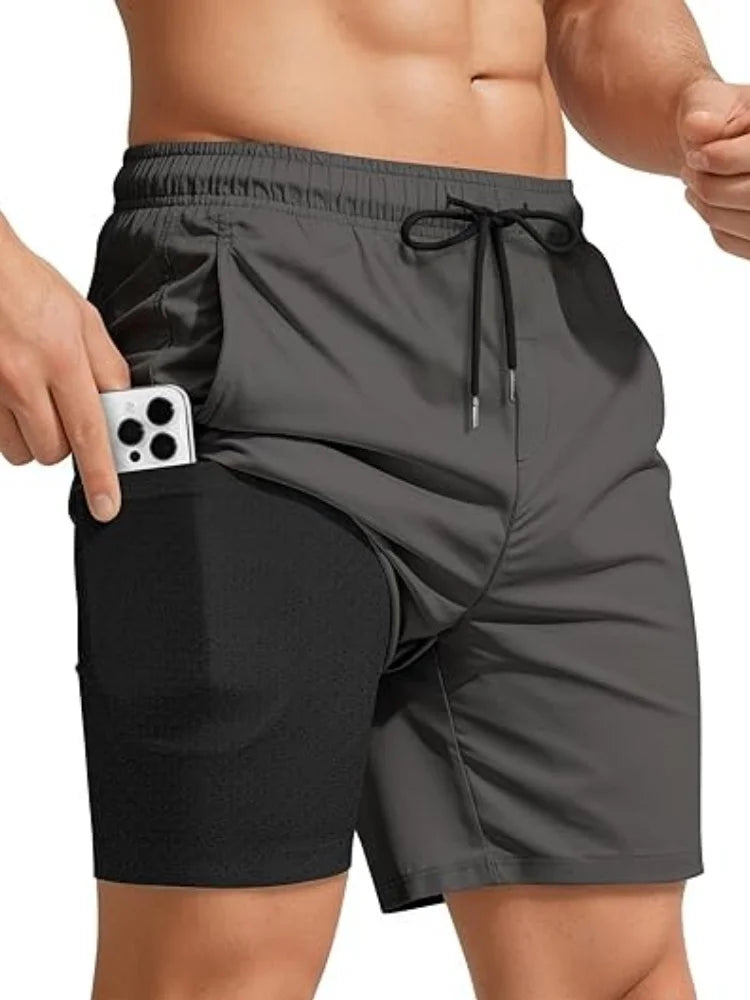 2026 Summer Men's Swim Trunks 5 Inch With Compression Liner Board Shorts Bathing Suits Pockets Beach Swimsuits Surfing LYZ095