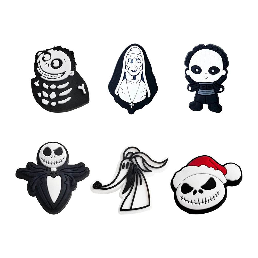 6-100pcs Halloween Black and White Classic PVC Shoes Charm Alligator Charm Accessories Fit Bracelet Boys Girl Xmas party gifts