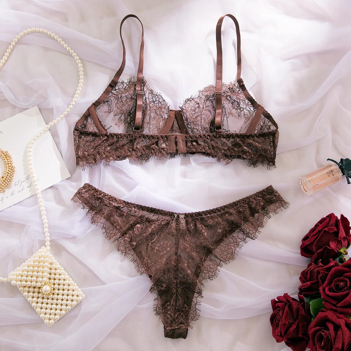 Ellolace Solid Women's Lingerie Sets Elegant Eyelash Lace Bra Panty 2PC Seductive See Through Intimate Willowy Sexy Underwear